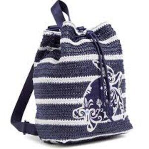 Steel Blue Medallion Straw Drawstring Backpack Vera Bradley EUC 1day Sale⬇️